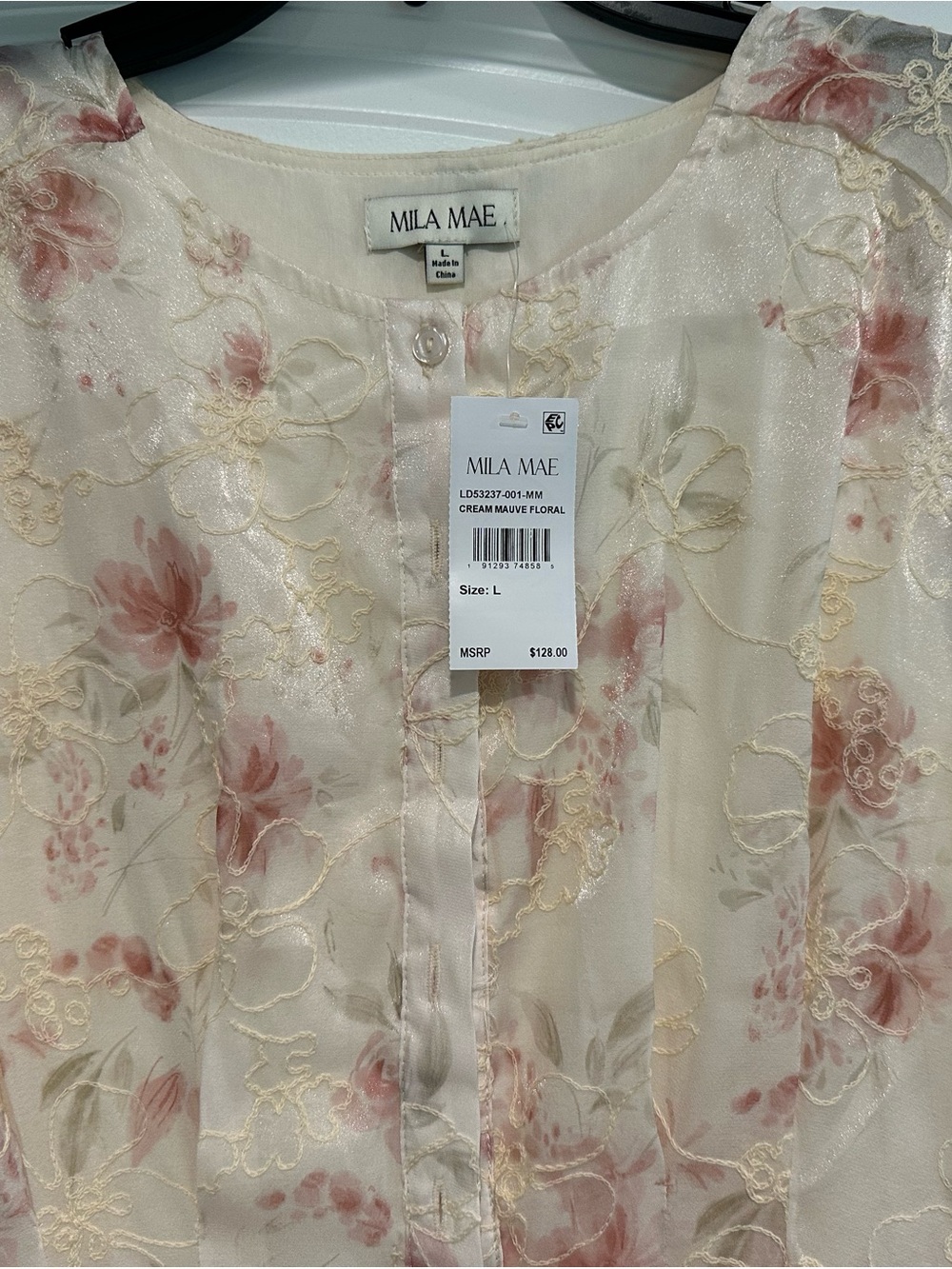 NEW WITH TAGS Mila Mae Cream Midi Dress with Mauve Floral Embroidery.  Sz L.